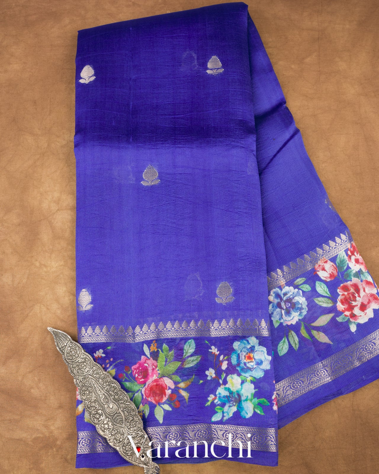 Royal Blue Floral Printed Pure Mango Silk Saree