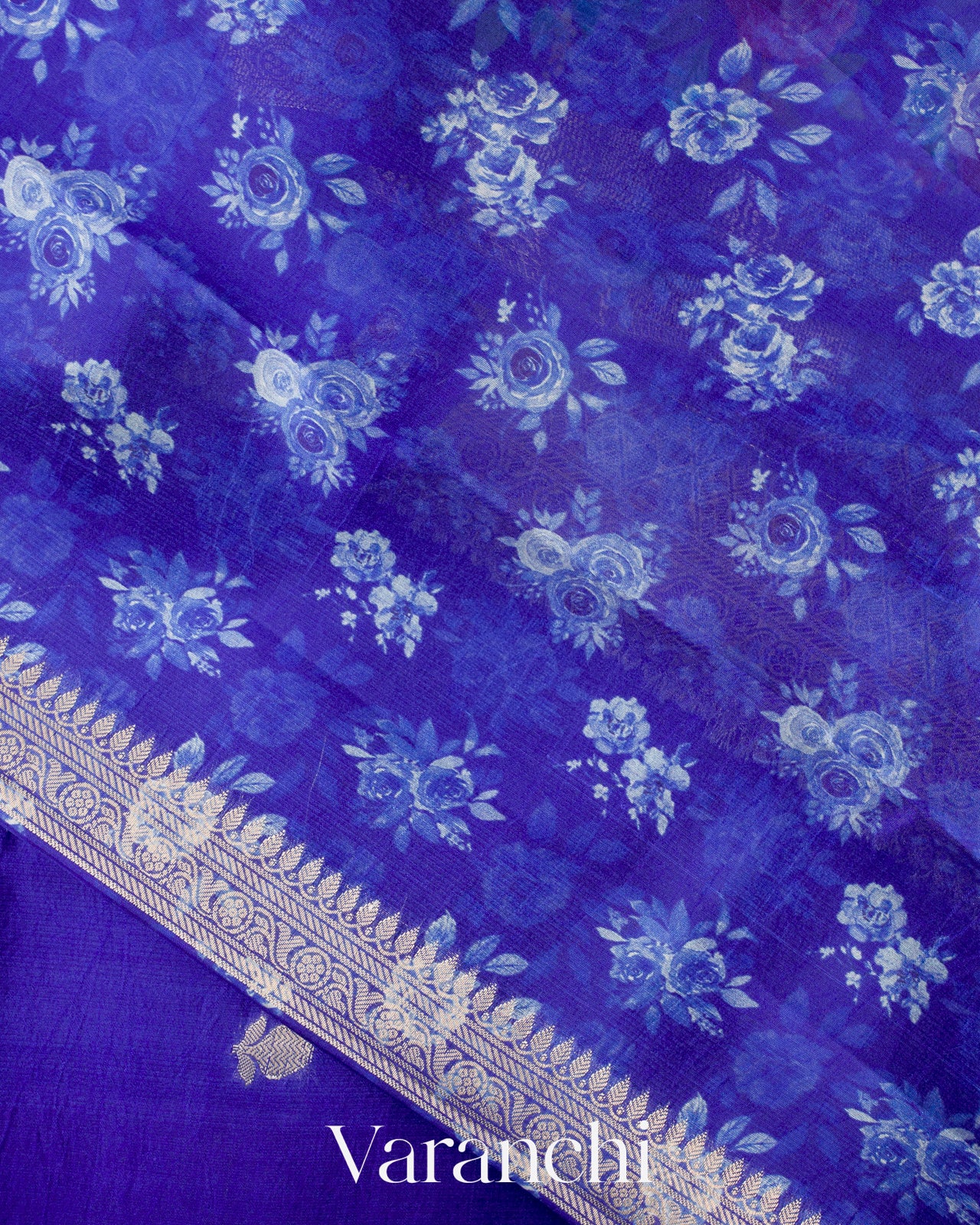Royal Blue Floral Printed Pure Mango Silk Saree