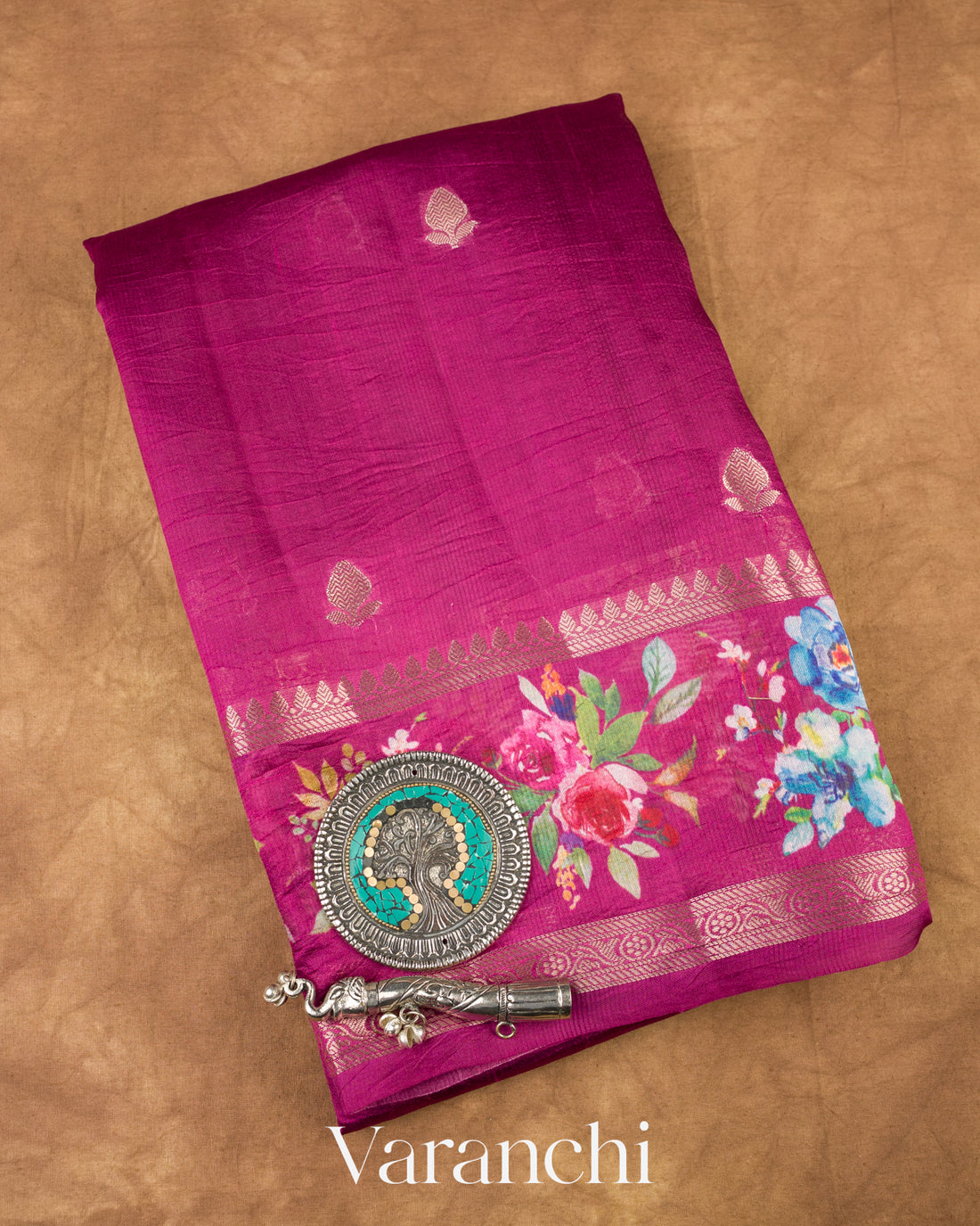Wine Purple Floral Printed Pure Mango Silk Saree