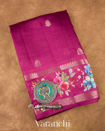 Wine Purple Floral Printed Pure Mango Silk Saree