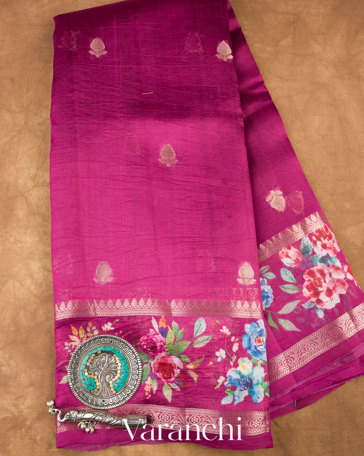 Wine Purple Floral Printed Pure Mango Silk Saree