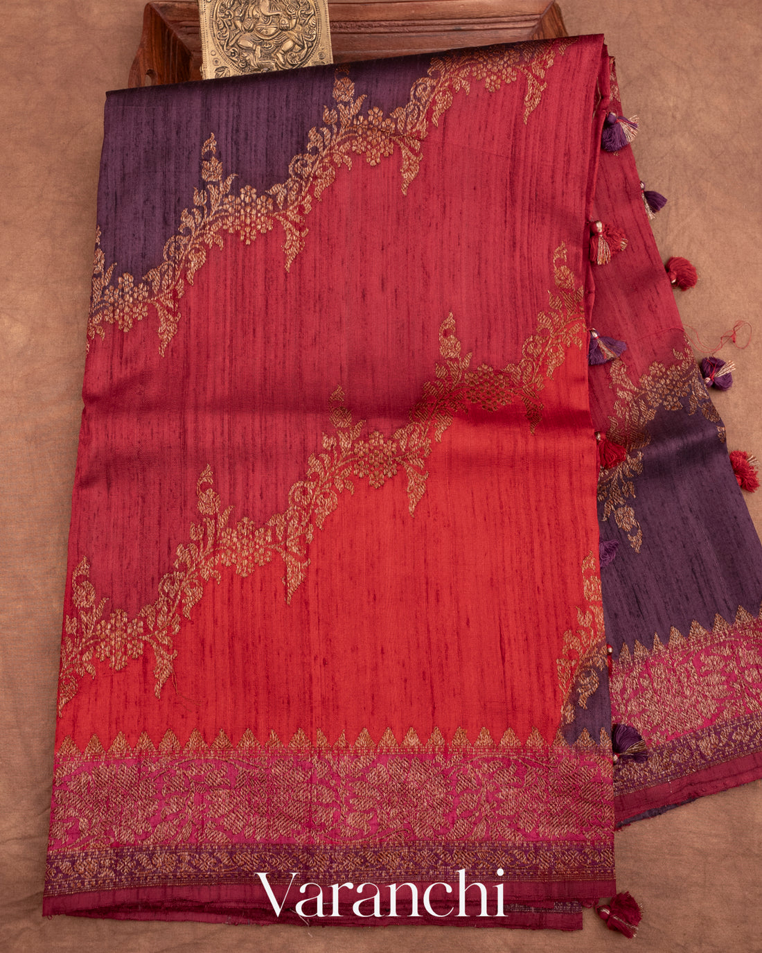 Maroon Tricolour Rangkaat Pure Raw Silk Handloom Saree