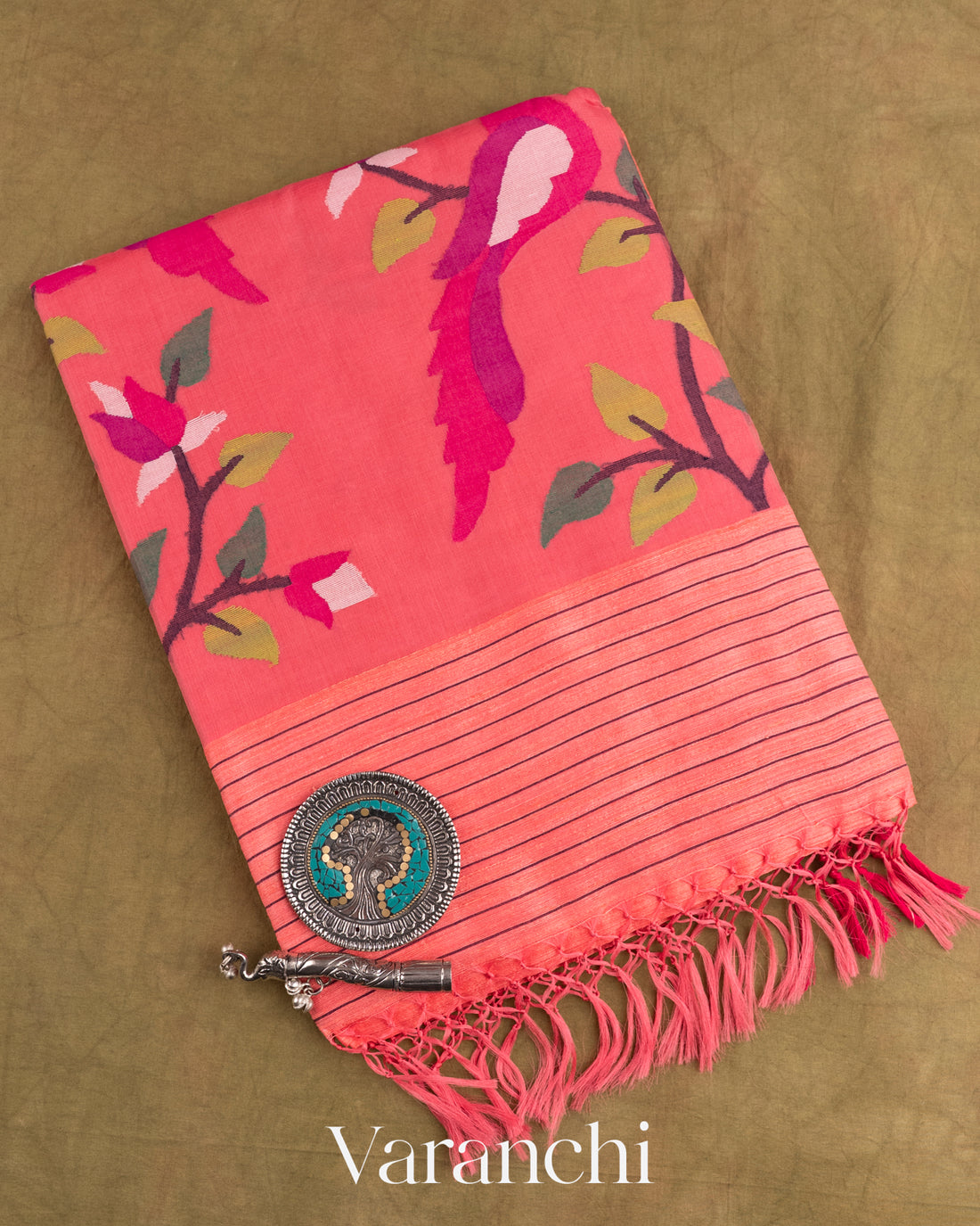 Coral Pink Jamdani with Matka Stripes Pure Muslin Silk Handloom Saree