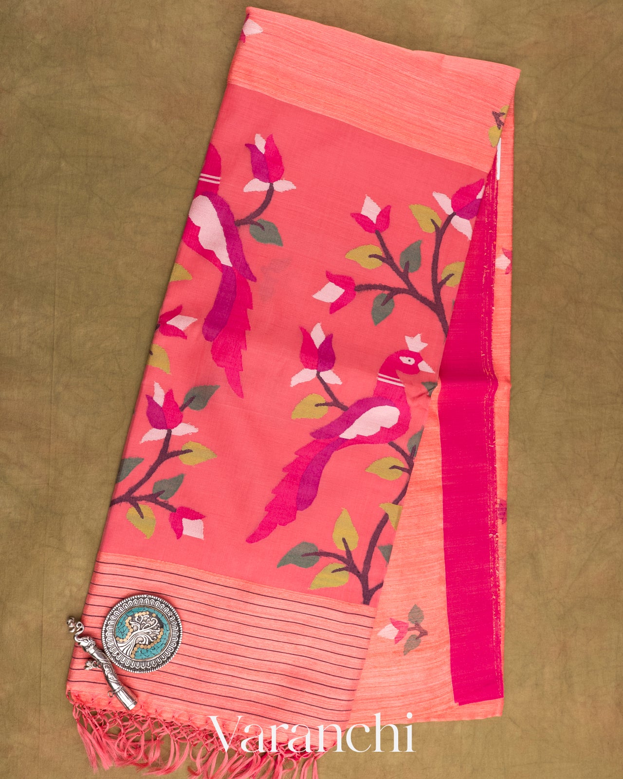 Coral Pink Jamdani with Matka Stripes Pure Muslin Silk Handloom Saree