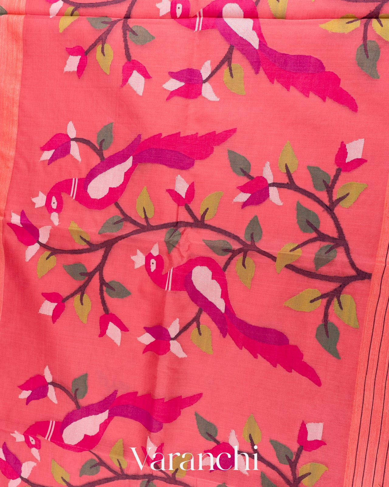 Coral Pink Jamdani with Matka Stripes Pure Muslin Silk Handloom Saree