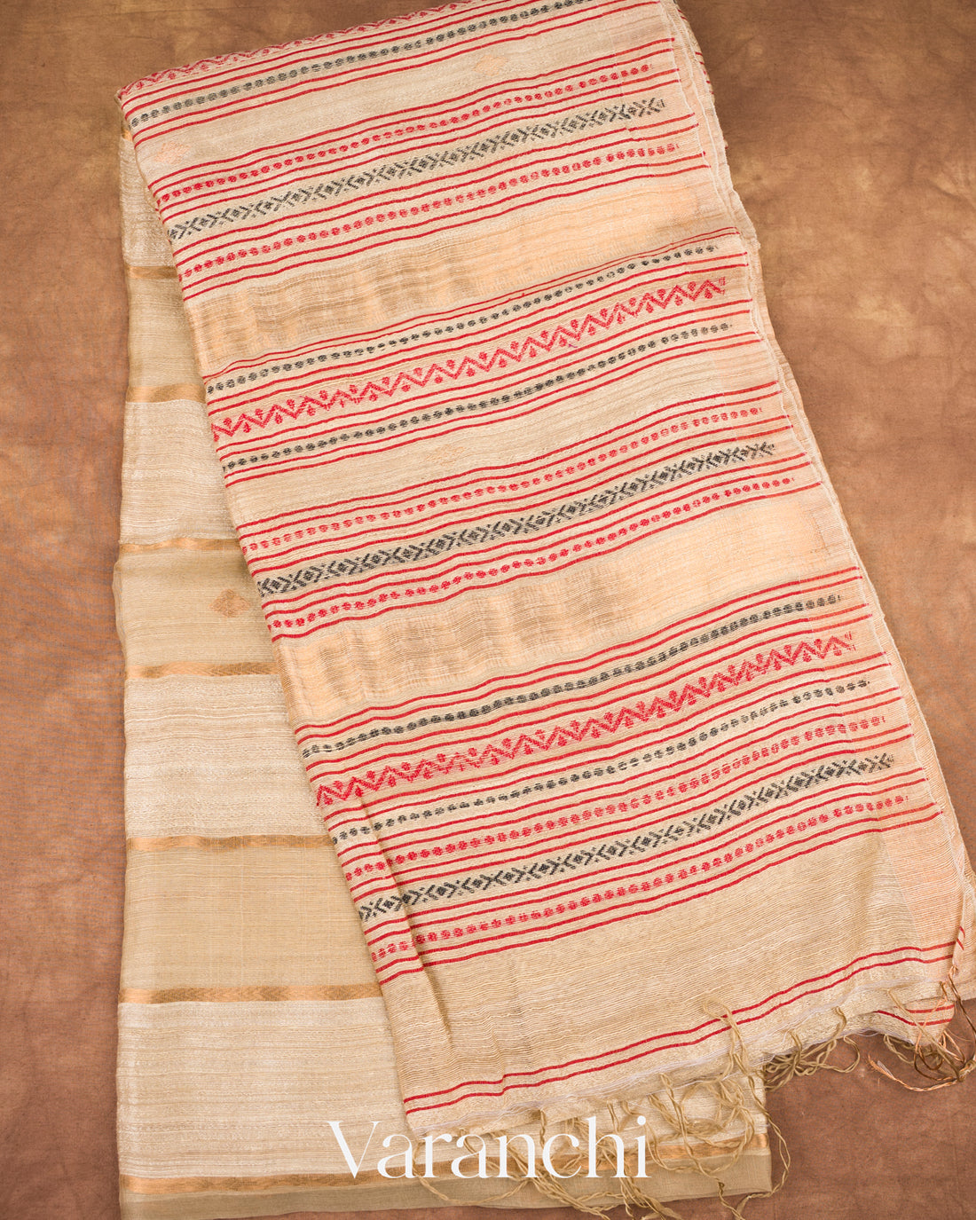 Beige with Muslin Stripes With Pure Matka Silk Handloom Saree