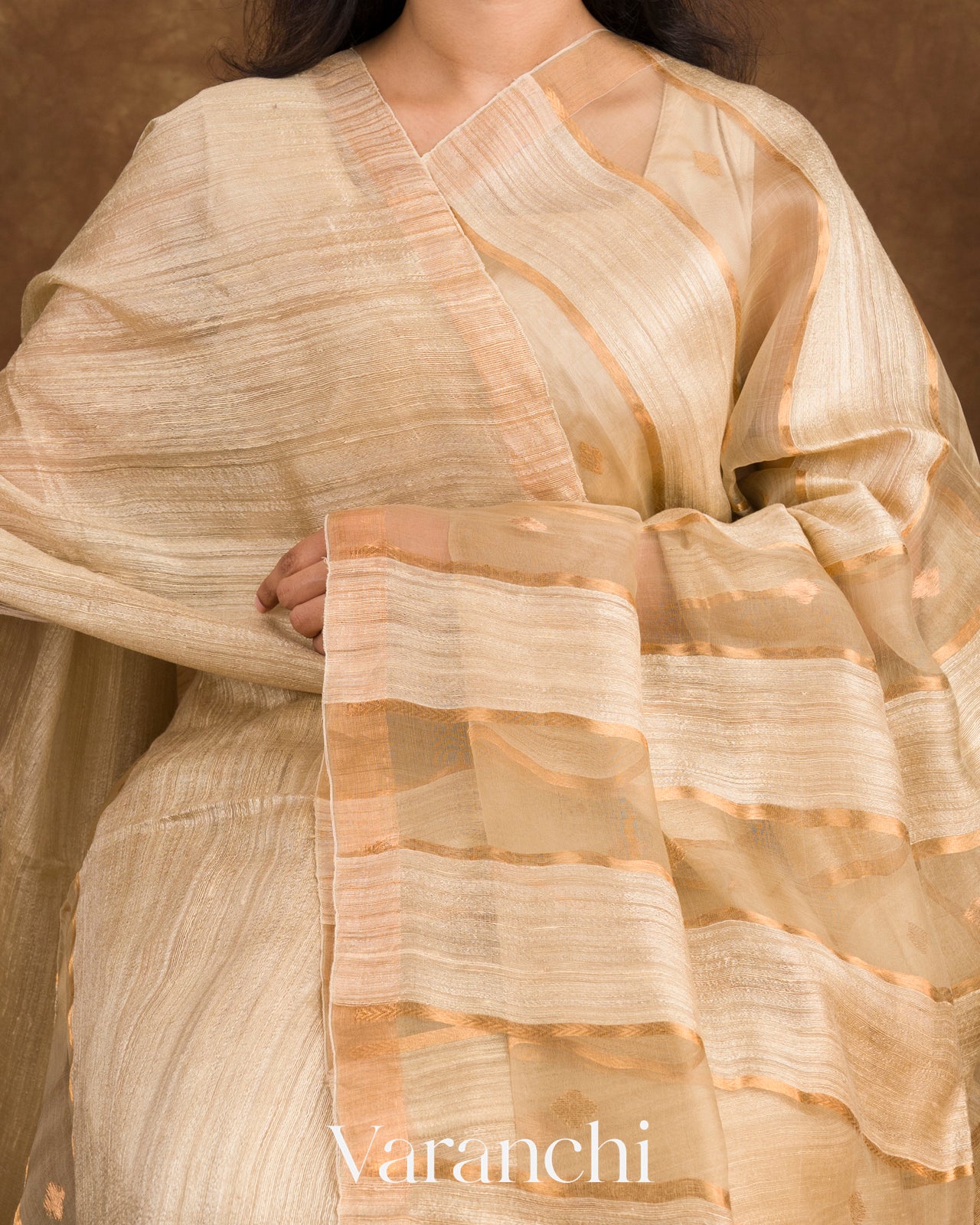 Beige with Muslin Stripes With Pure Matka Silk Handloom Saree