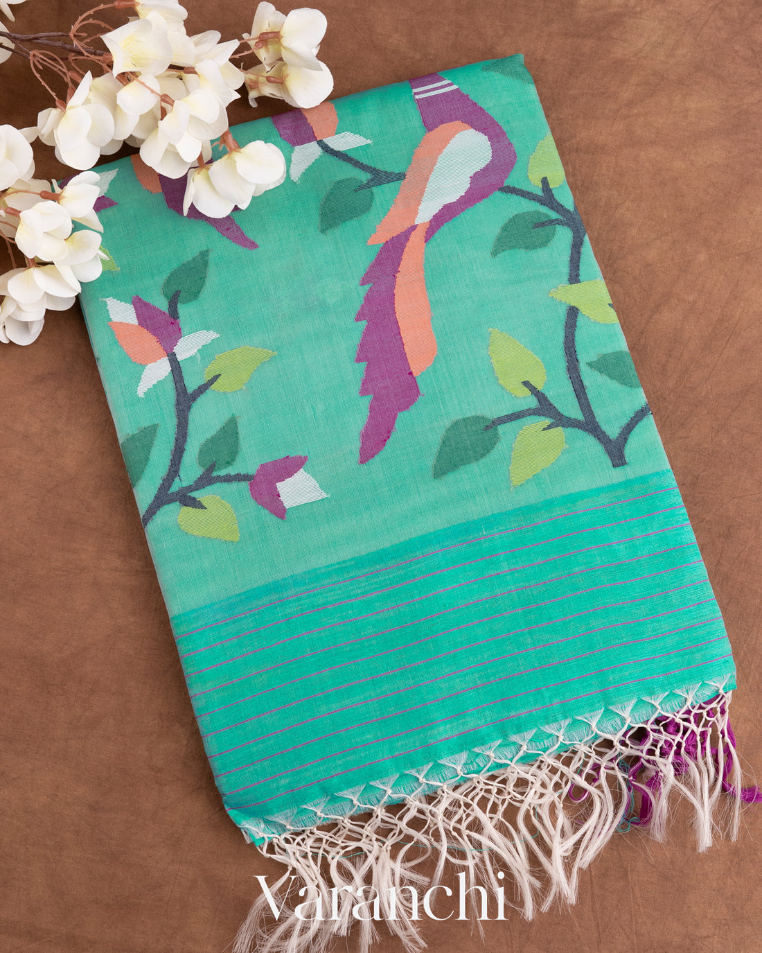 Sea Green Jamdani with Matka Stripes Pure Muslin Silk Handloom Saree