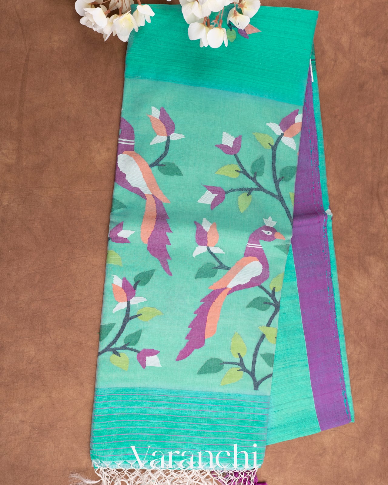 Sea Green Jamdani with Matka Stripes Pure Muslin Silk Handloom Saree