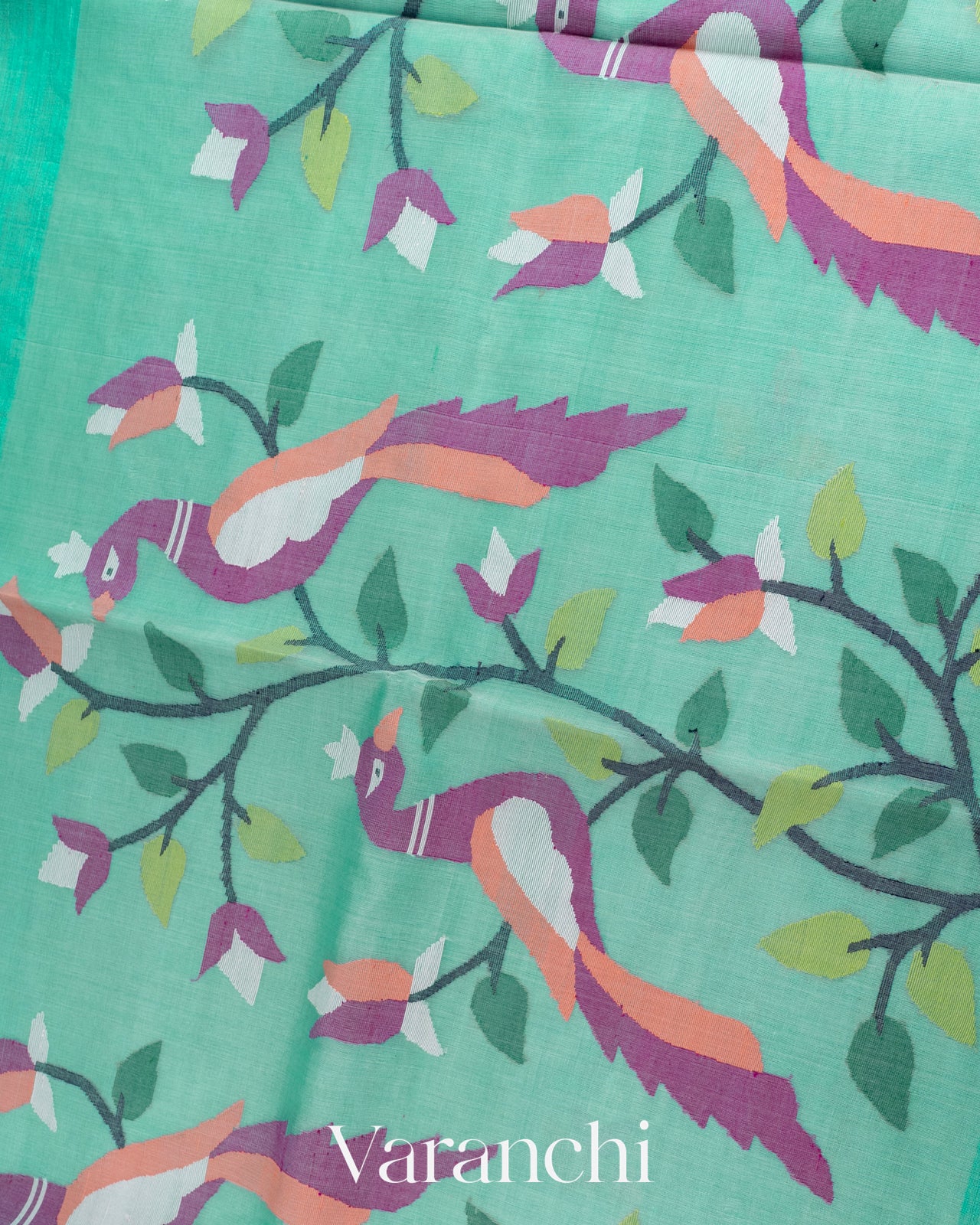 Sea Green Jamdani with Matka Stripes Pure Muslin Silk Handloom Saree