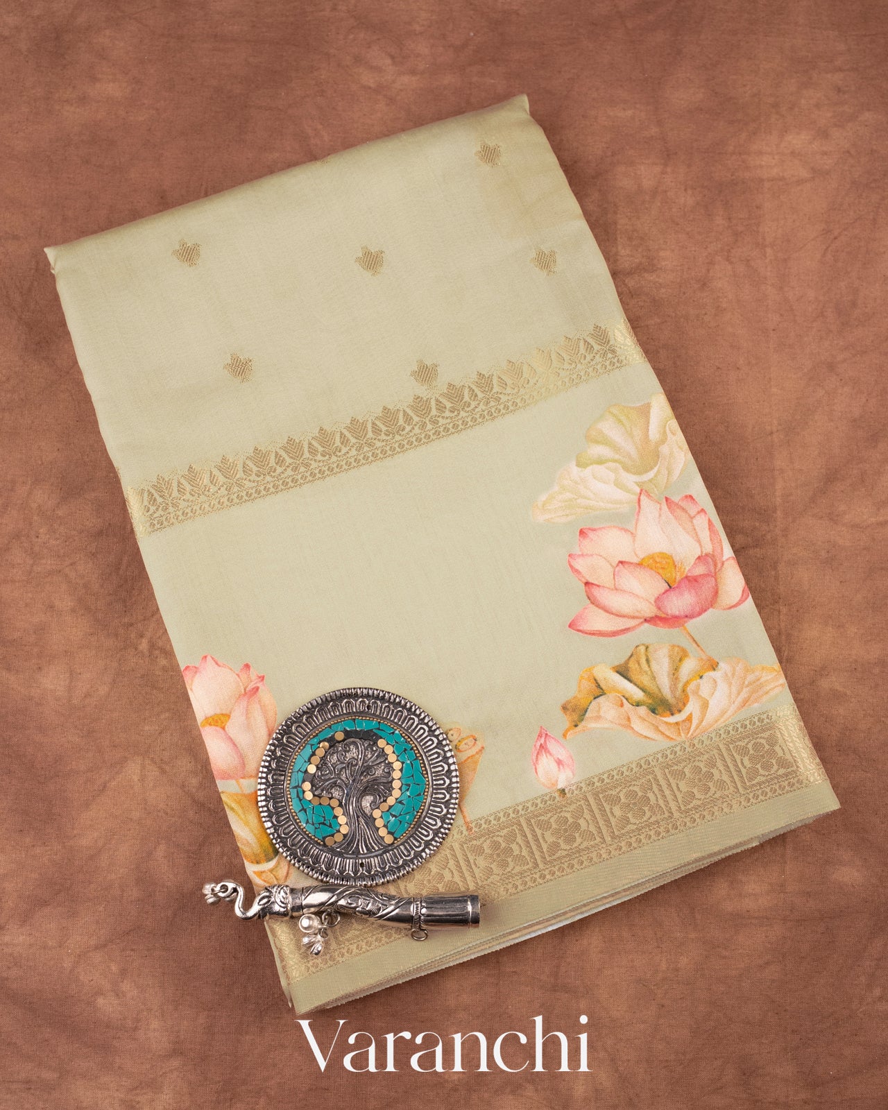 Beige Green Lotus Printed Pure Moonga Silk Saree