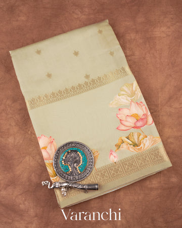 Beige Green Lotus Printed Pure Moonga Silk Saree