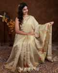 Beige Green Lotus Printed Pure Moonga Silk Saree