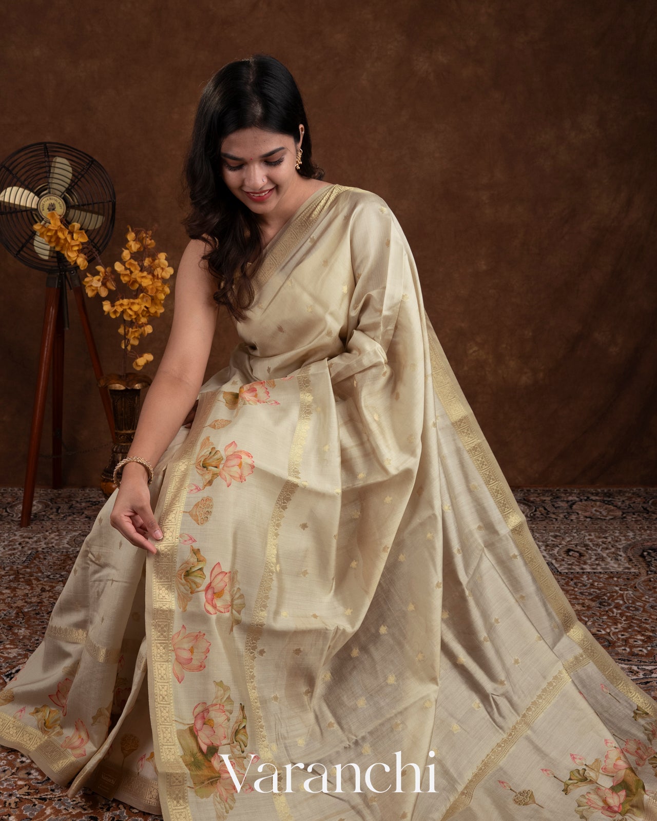 Beige Green Lotus Printed Pure Moonga Silk Saree