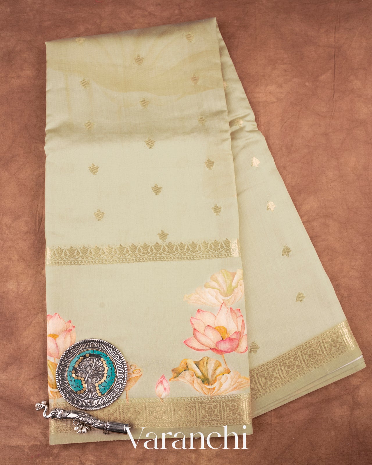 Beige Green Lotus Printed Pure Moonga Silk Saree