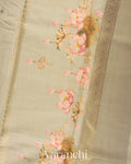 Beige Green Lotus Printed Pure Moonga Silk Saree