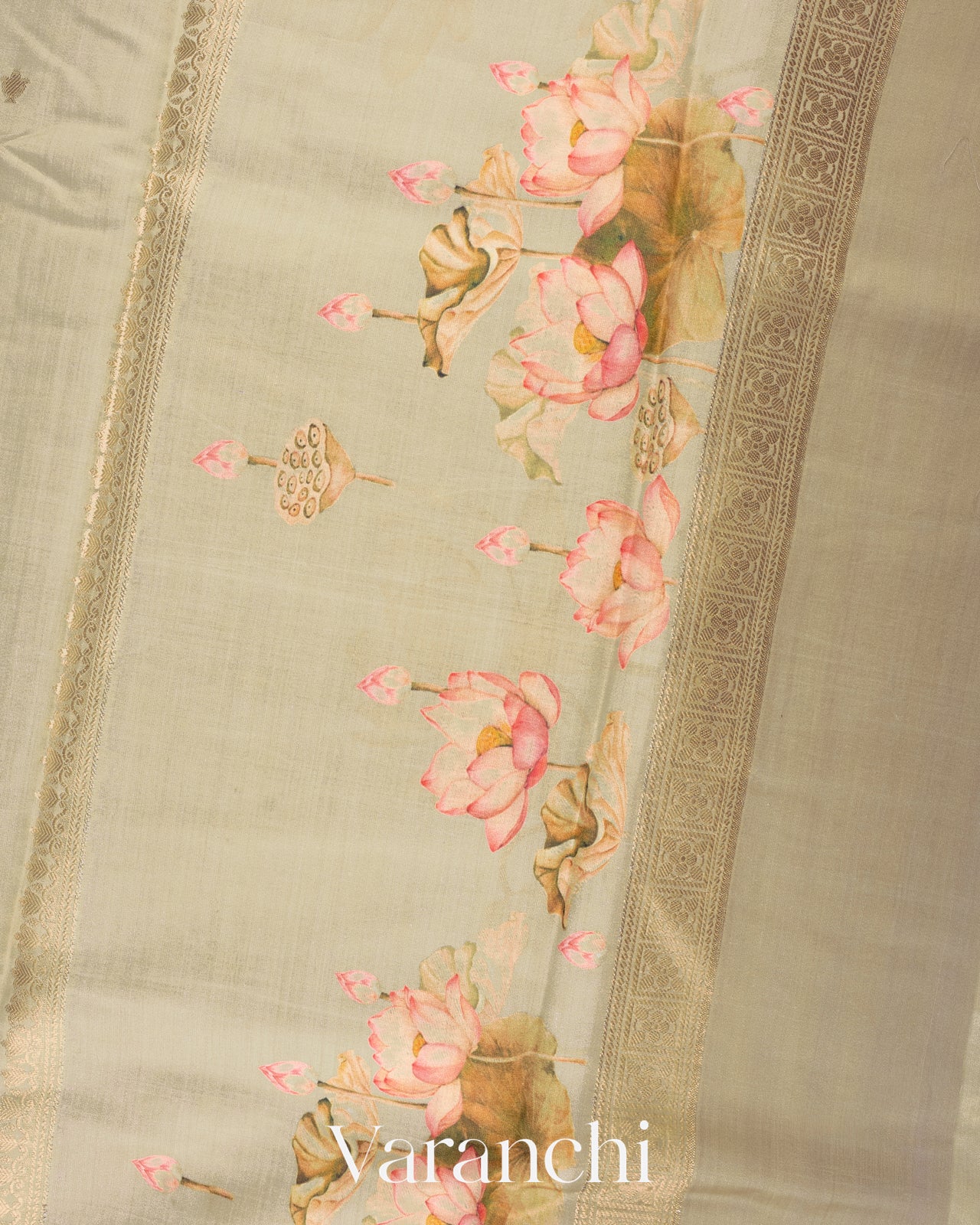 Beige Green Lotus Printed Pure Moonga Silk Saree