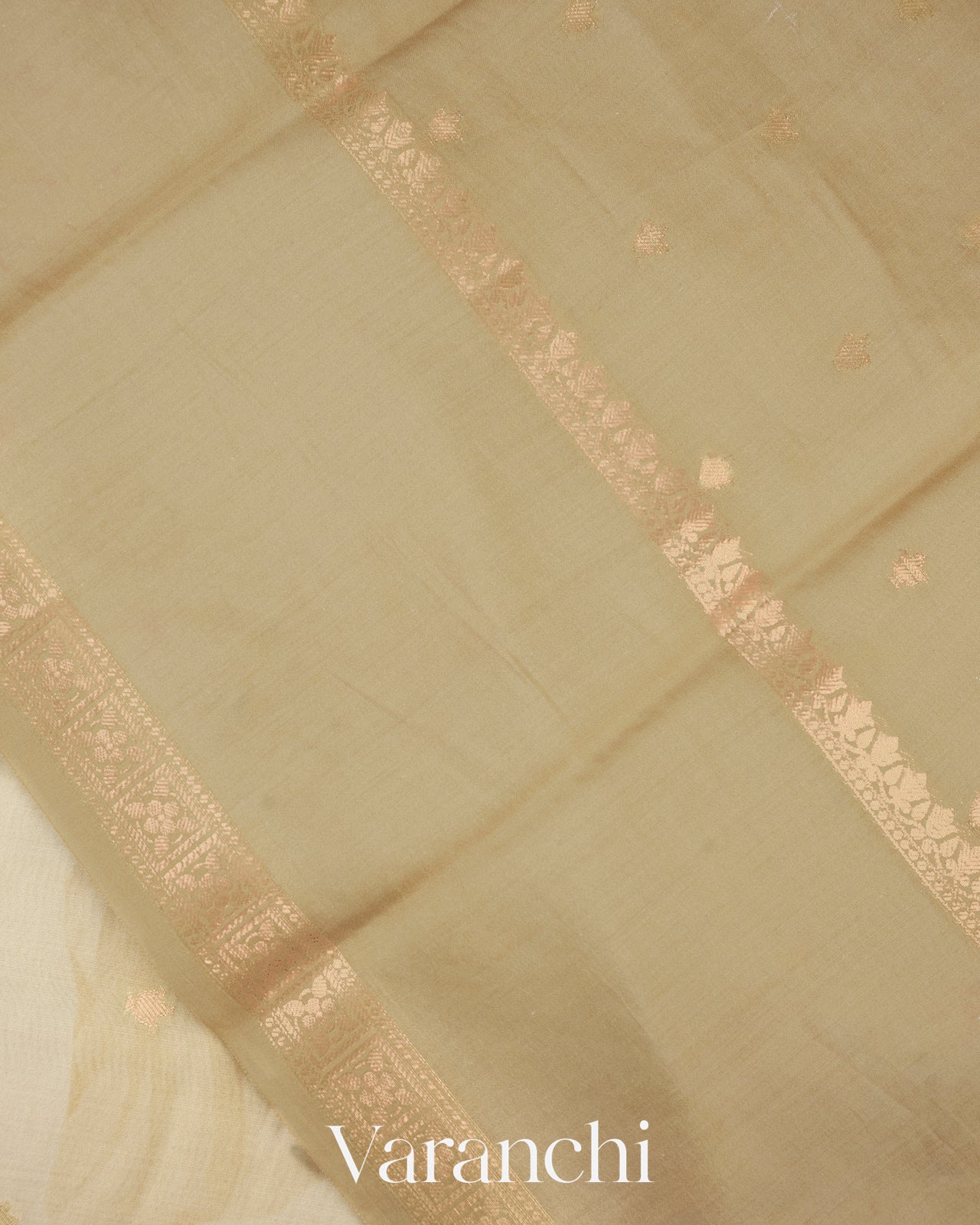 Beige Green Lotus Printed Pure Moonga Silk Saree