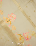 Beige Green Lotus Printed Pure Moonga Silk Saree