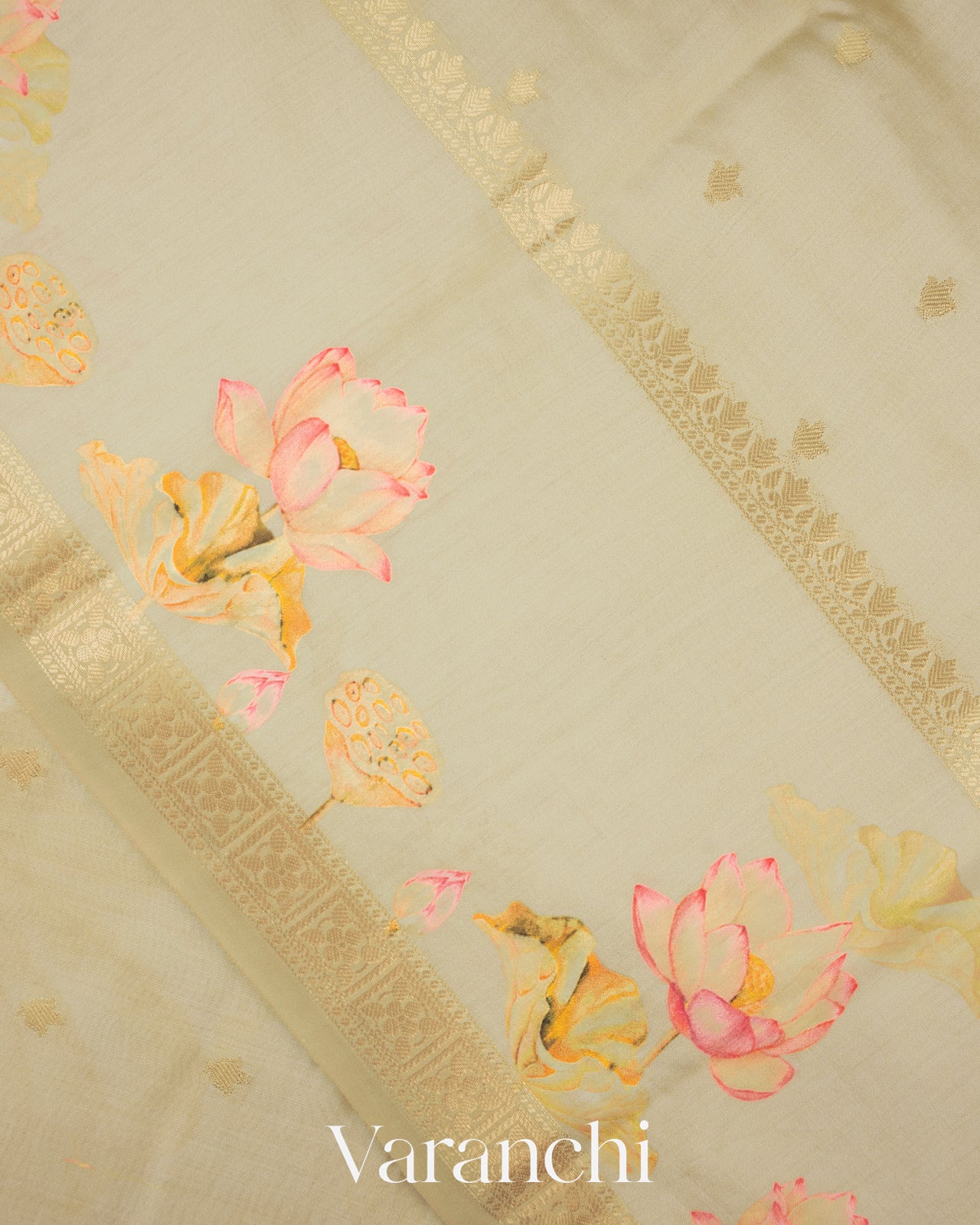 Beige Green Lotus Printed Pure Moonga Silk Saree