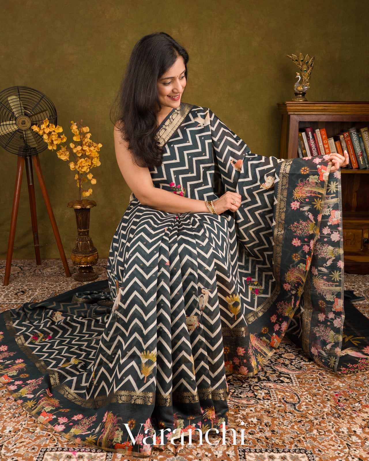 Charcoal Black Printed Pure Moonga Silk Saree 