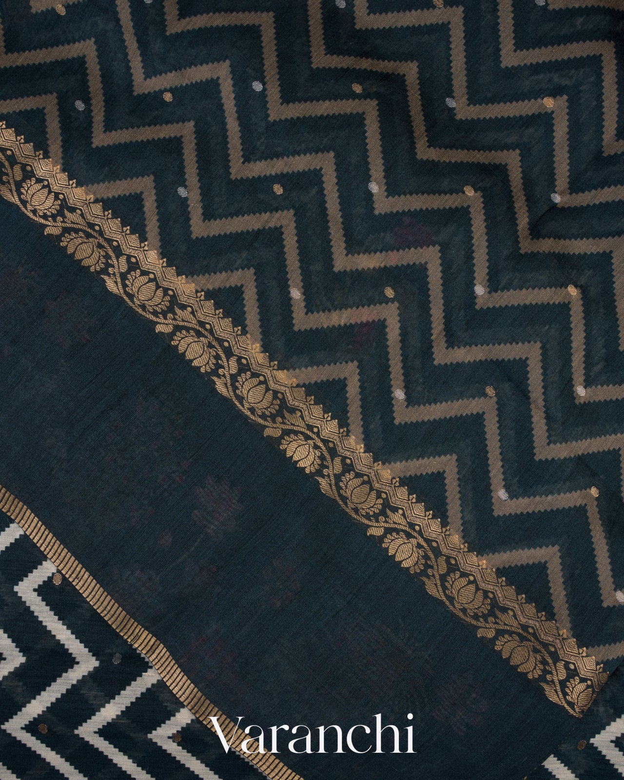 Charcoal Black Printed Pure Moonga Silk Saree 