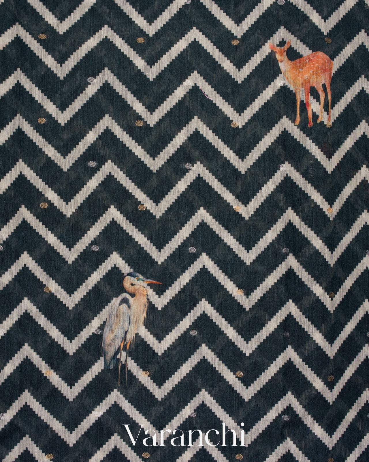 Charcoal Black Printed Pure Moonga Silk Saree 