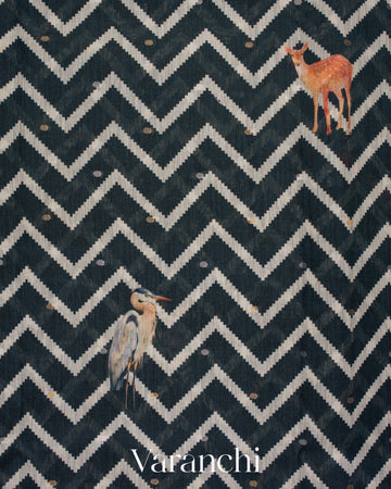 Charcoal Black Printed Pure Moonga Silk Saree 