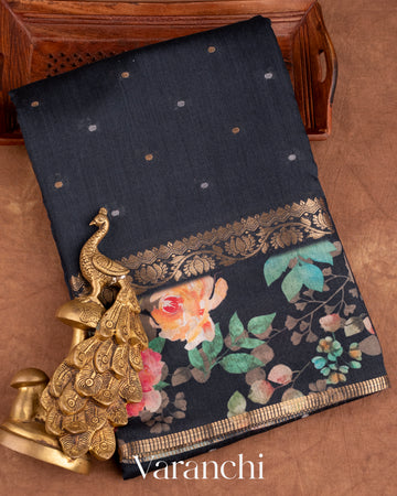 Black Pure Floral Printed Pure Moonga Silk Saree