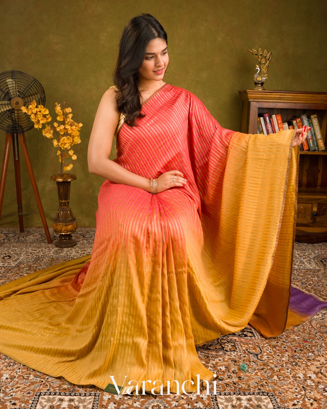 Pink Coral-Yellow Ombre-dyed Pure Moonga Georgette Silk Saree