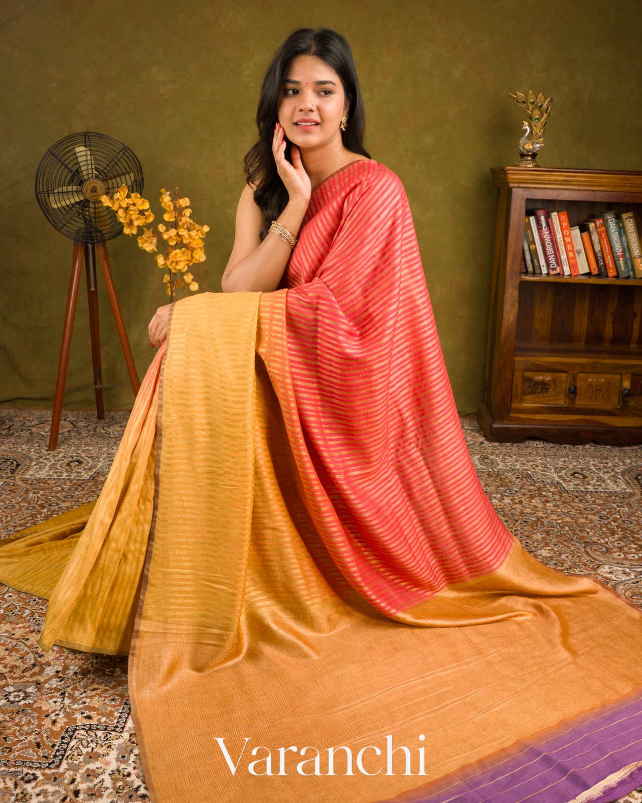 Pink Coral-Yellow Ombre-dyed Pure Moonga Georgette Silk Saree