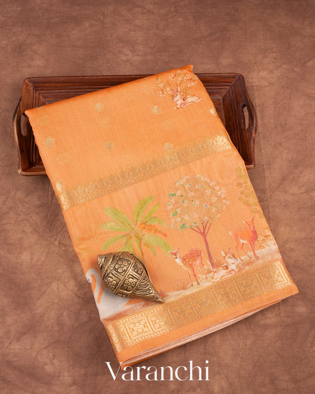 Muskmelon Orange Digital Printed Pure Moonga Silk Saree