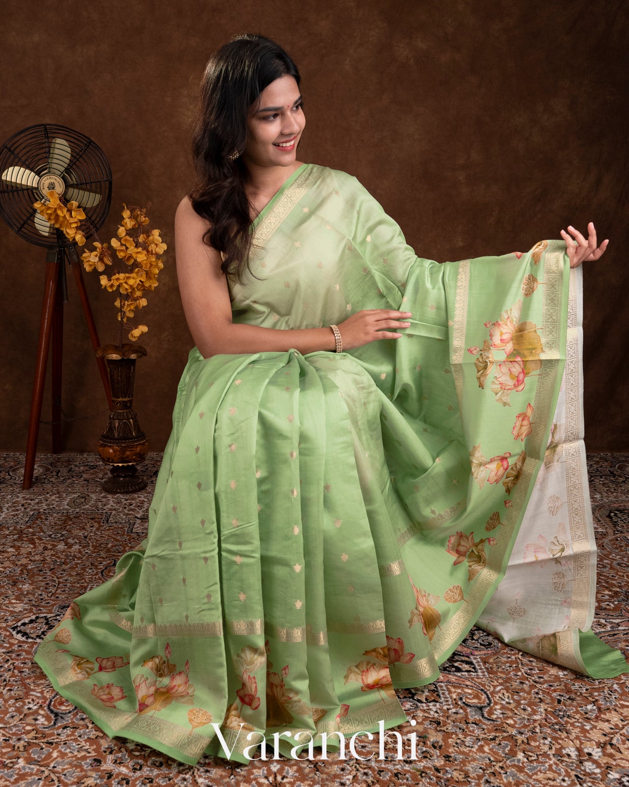 Light Pista Lotus Printed Pure Moonga Silk Saree