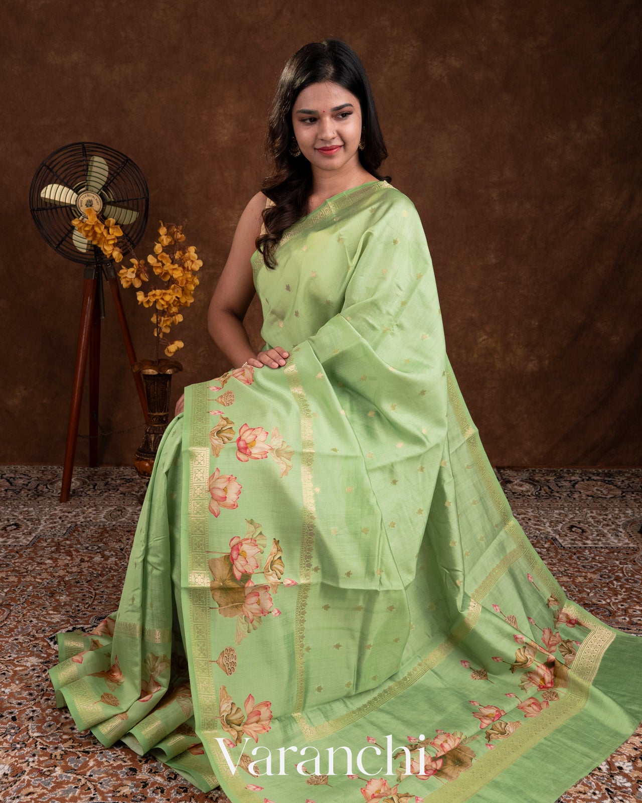 Light Pista Lotus Printed Pure Moonga Silk Saree