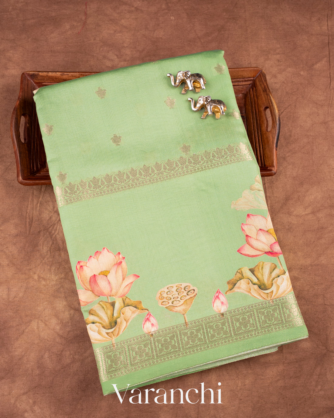 Light Pista Lotus Printed Pure Moonga Silk Saree