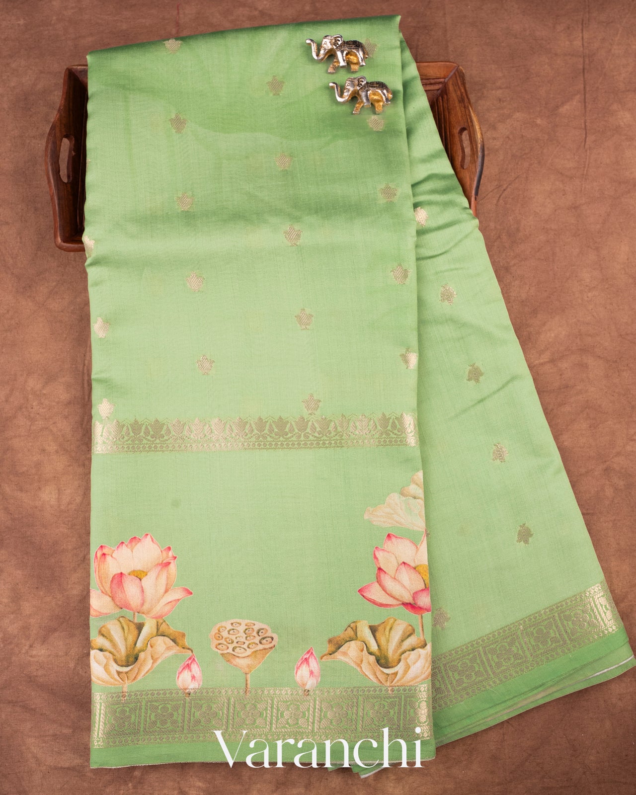 Light Pista Lotus Printed Pure Moonga Silk Saree