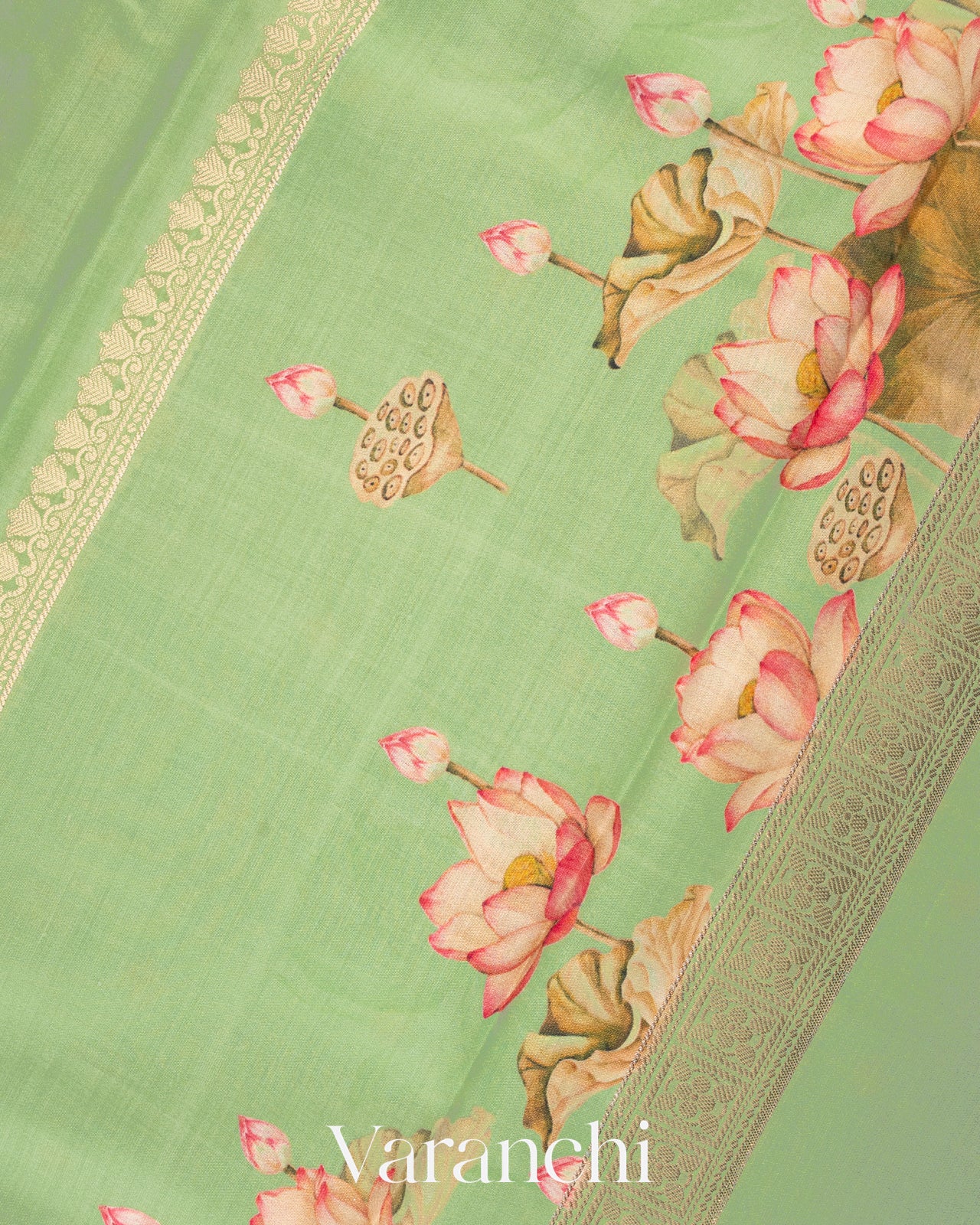 Light Pista Lotus Printed Pure Moonga Silk Saree