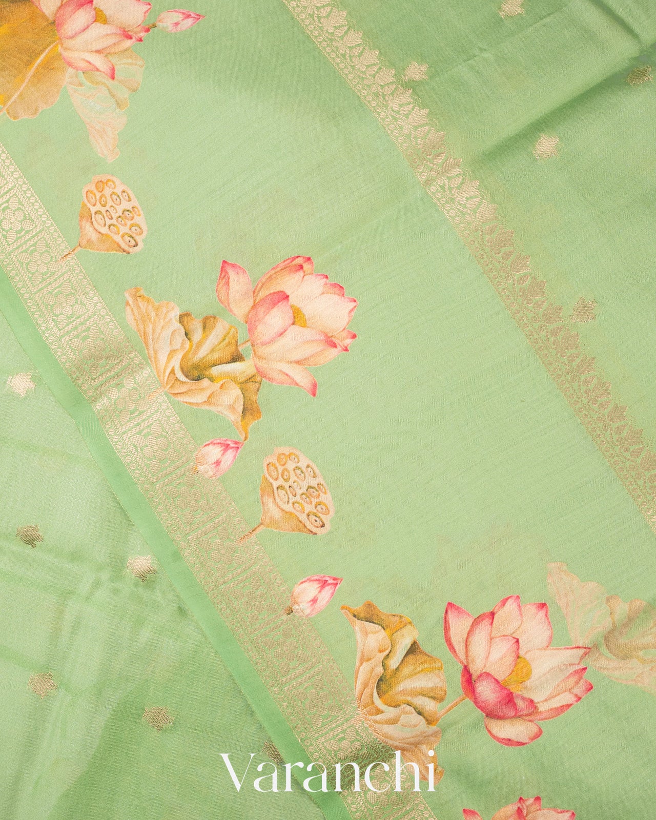 Light Pista Lotus Printed Pure Moonga Silk Saree