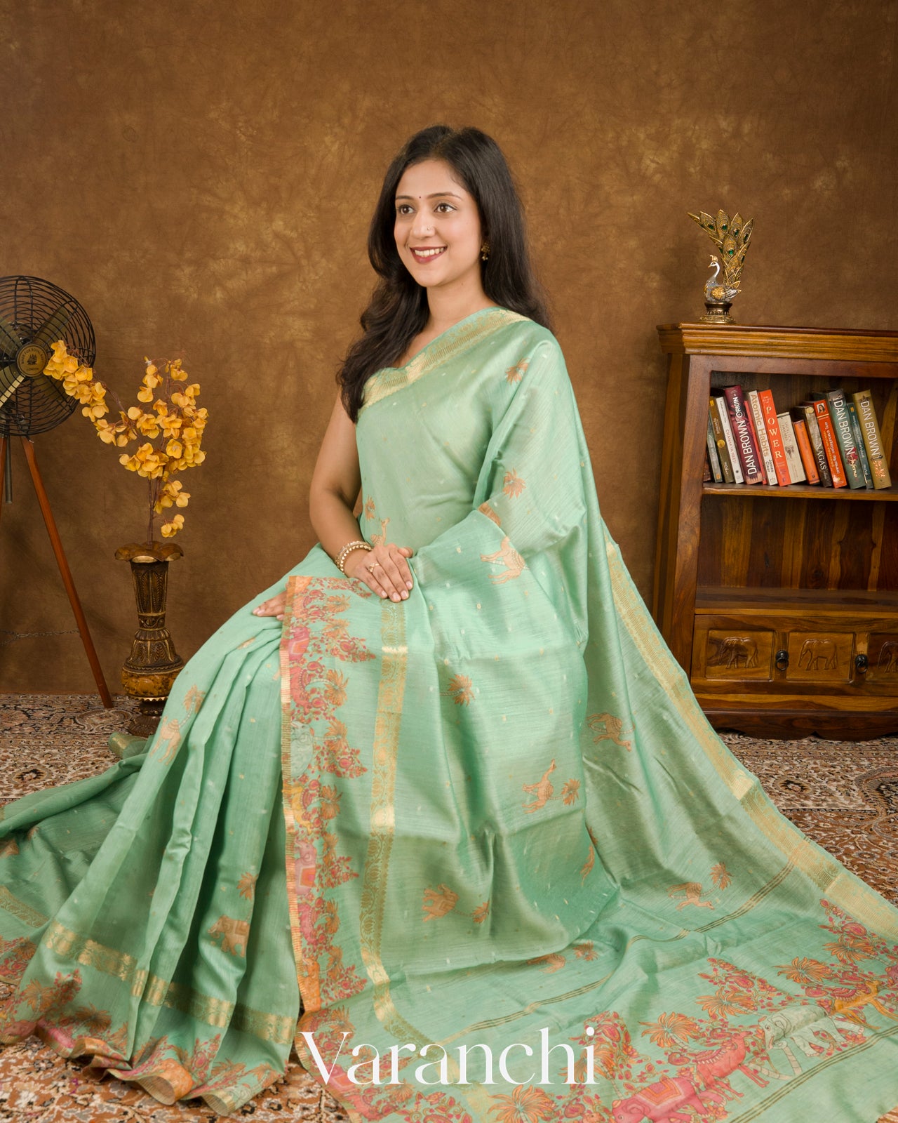Light Sea Green Digital Printed Pure Moonga Silk Saree 