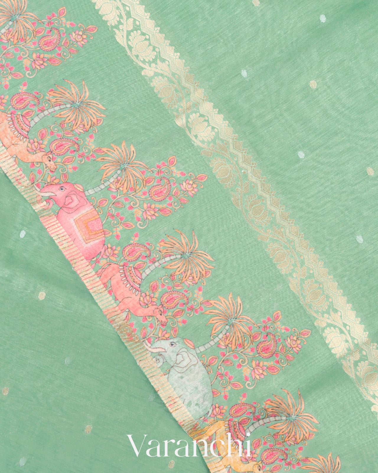 Light Sea Green Digital Printed Pure Moonga Silk Saree 