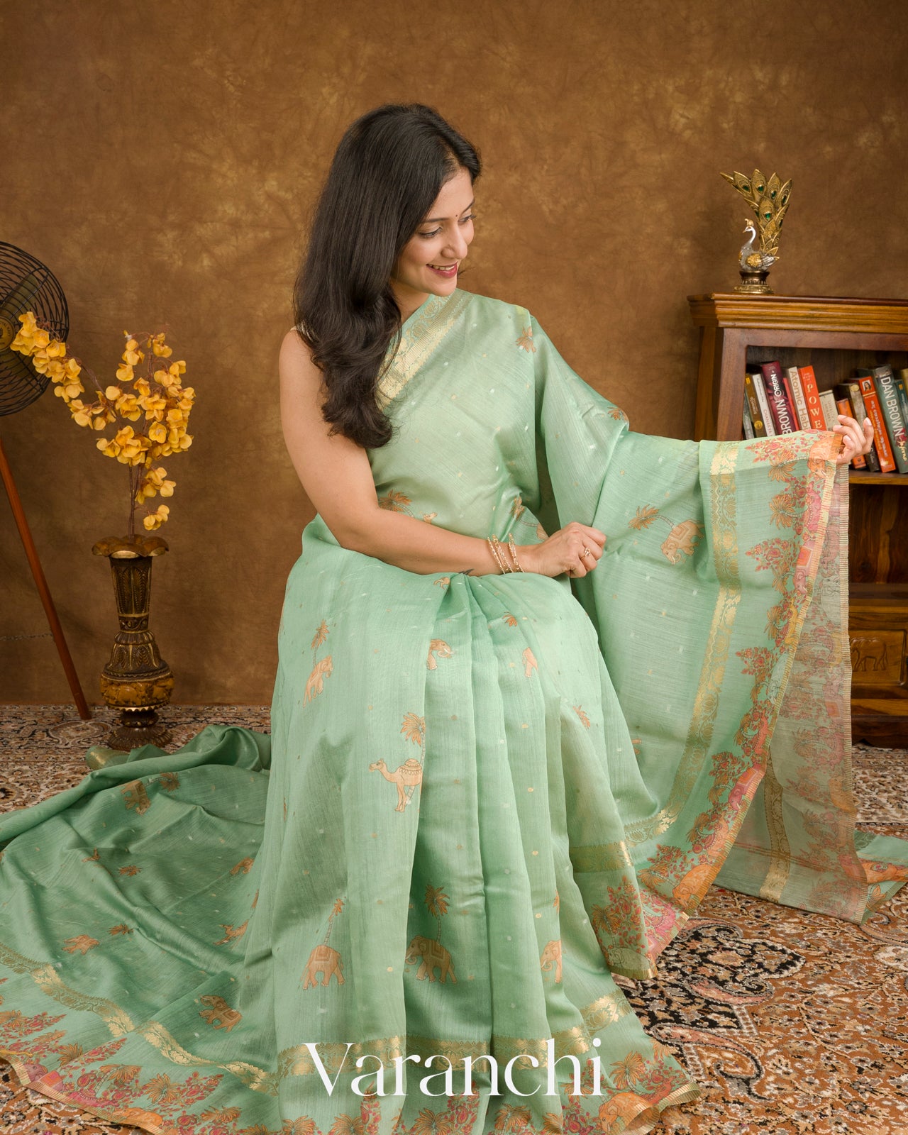 Light Sea Green Digital Printed Pure Moonga Silk Saree 