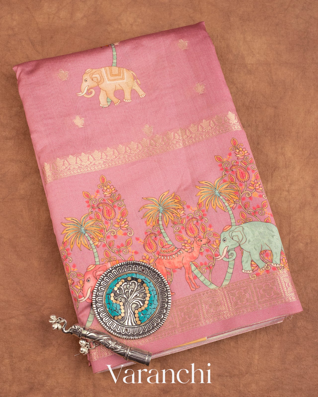 Onion Pink Digital Printed Pure Moonga Silk Saree