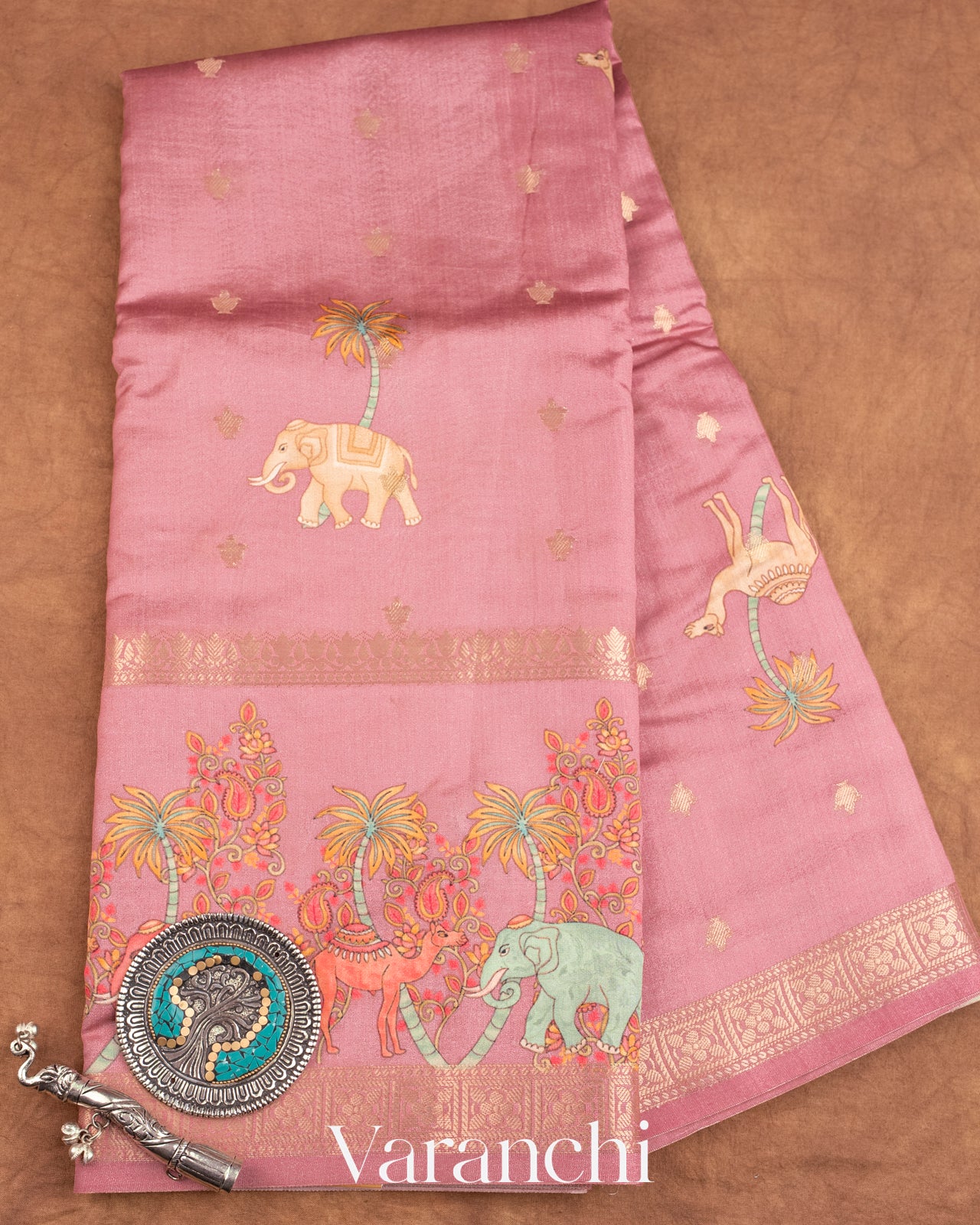 Onion Pink Digital Printed Pure Moonga Silk Saree