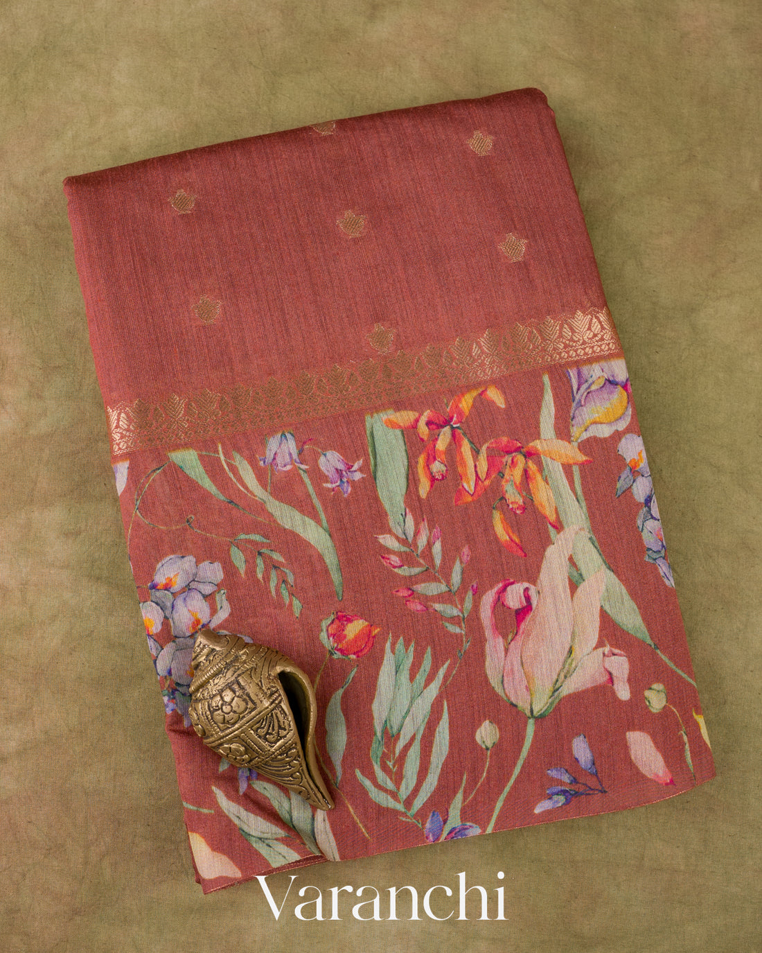 Rust Brown Digital Printed Pure Moonga Silk Saree