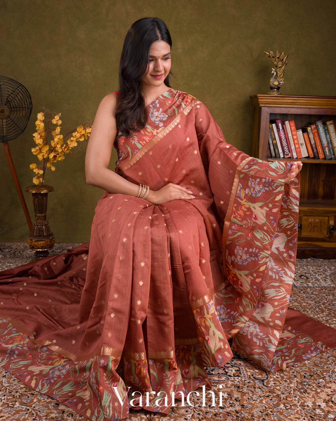 Rust Brown Digital Printed Pure Moonga Silk Saree