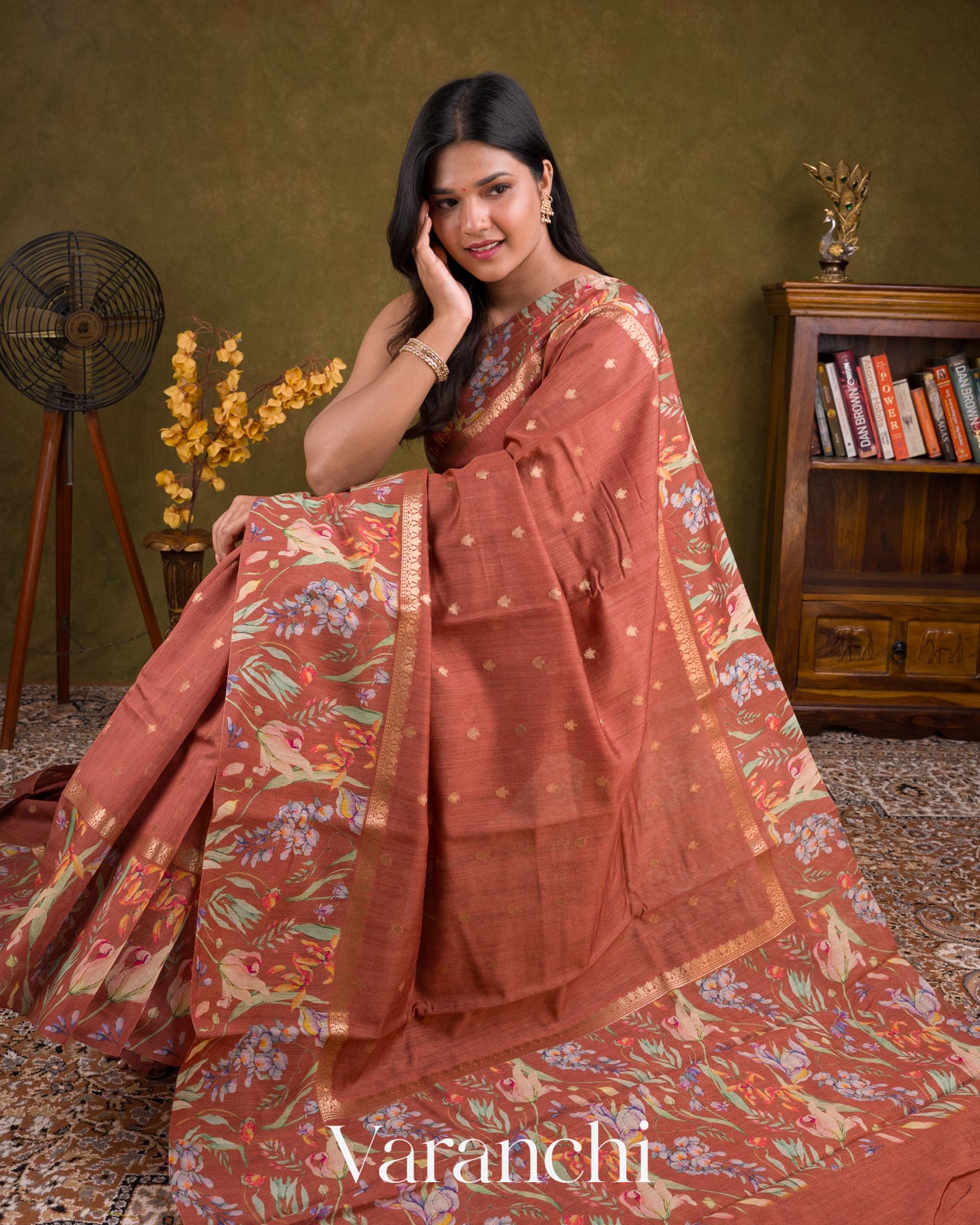 Rust Brown Digital Printed Pure Moonga Silk Saree
