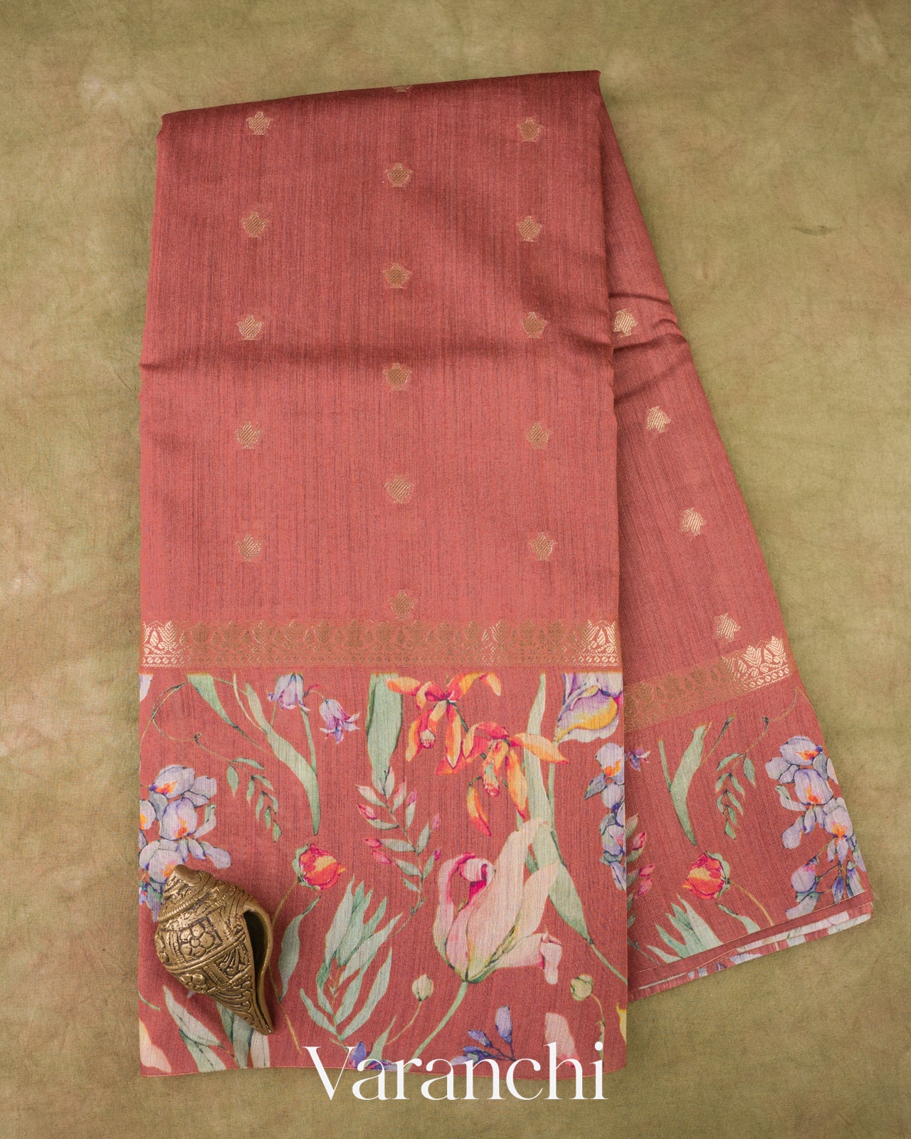 Rust Brown Digital Printed Pure Moonga Silk Saree