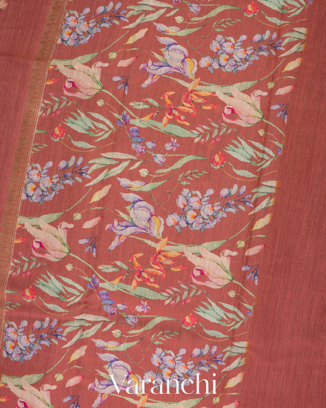 Rust Brown Digital Printed Pure Moonga Silk Saree
