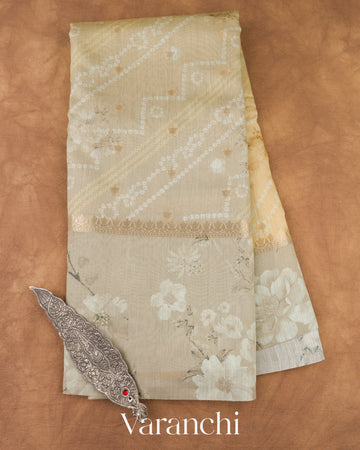Sand Beige Ombre Digital Printed Pure Moonga Silk Saree