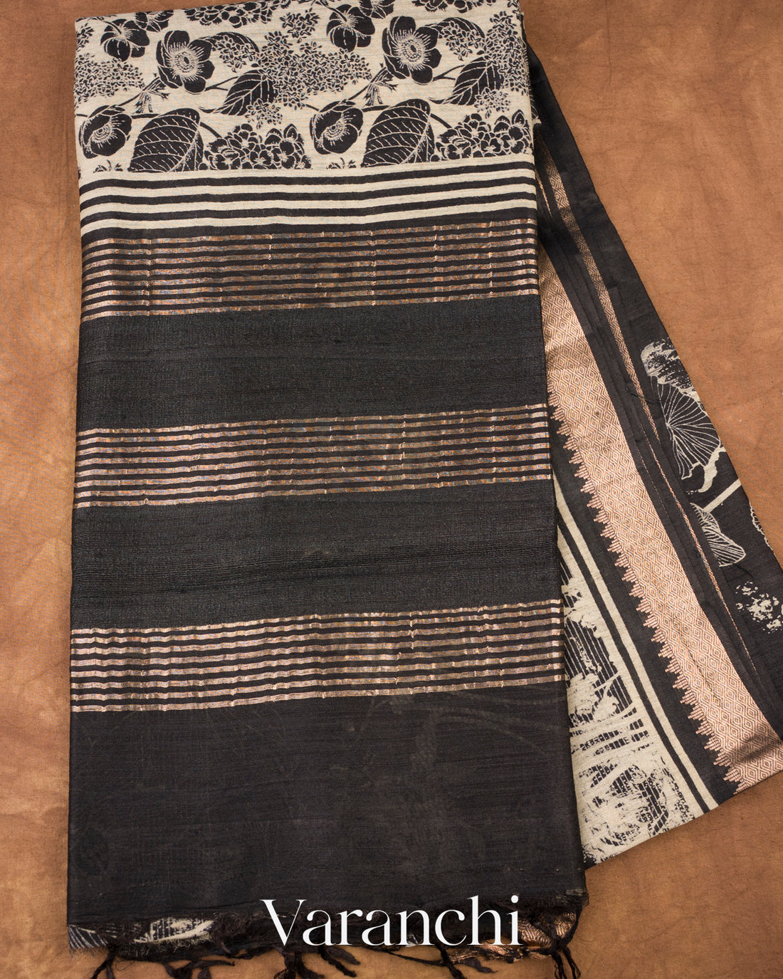 Charcoal Black Digital Printed Pure Moonga Silk Saree